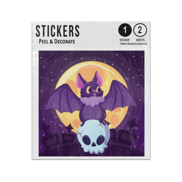 Picture of Cartoon Bat Resting On Skull In Graveyard Full Moon Halloween Sticker Sheets Twin Pack