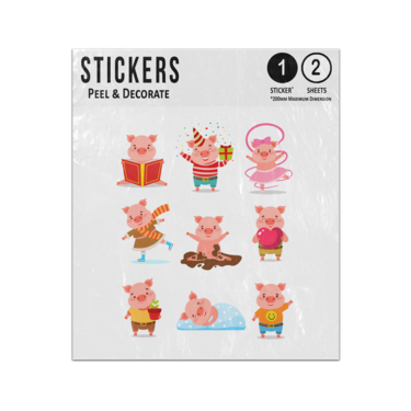 Picture of Cartoon Pigs Reading Partying Dancing Sleeping Playing Illustration Sticker Sheets Twin Pack