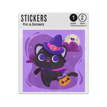 Picture of Cute Cartoon Black Cat Wearing Witch Hat Carrying Pumpkin Bag Cartoon Sticker Sheets Twin Pack