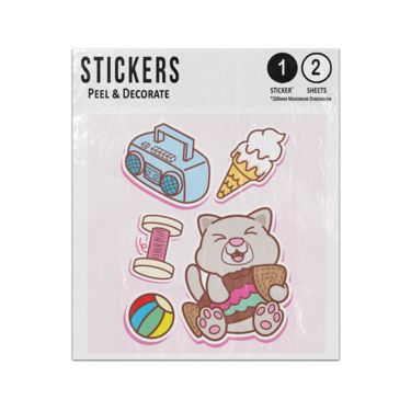Picture of Cute Cat Beach Ball Ghetto Blaster Ice Cream Cartoon Drawings Sticker Sheets Twin Pack