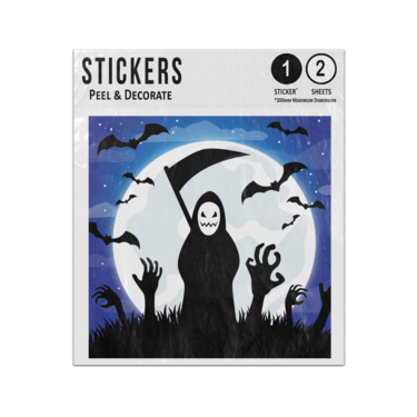 Picture of Grim Reaper Full Moon Flying Bats Zombie Hands Cartoon Style Sticker Sheets Twin Pack