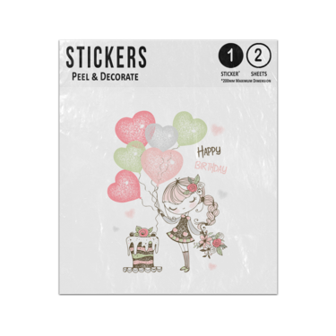 Picture of Happy Birthday Girl Holding Heart Balloons Cake Flowers Sticker Sheets Twin Pack