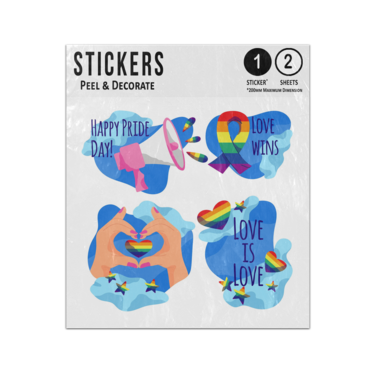 Picture of Happy Pride Day Love Wins Megaphone Rainbow Ribbon Heart Hands Set Sticker Sheets Twin Pack