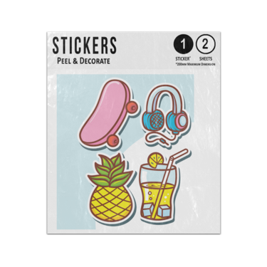 Picture of Skateboard Headphones Pineapple Cold Drink Cartoon Style Sticker Sheets Twin Pack