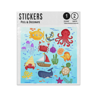Picture of Submarine Anchor Octopus Crab Boat Fish Turtle Cartoon Sea Elements Sticker Sheets Twin Pack