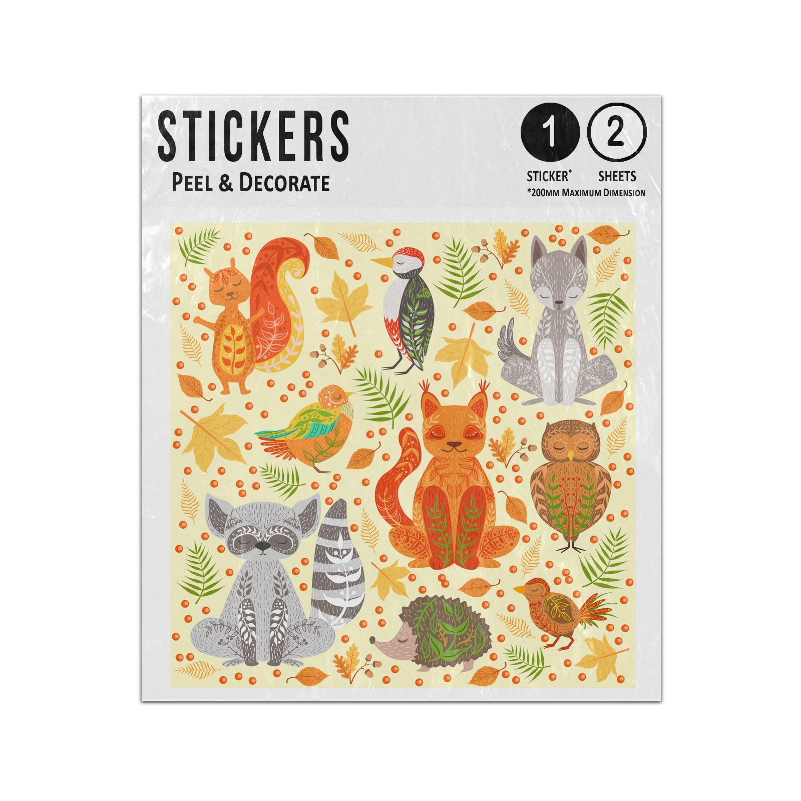 Picture of Autumn Forest Animal Pattern Raccoon Squirrel Owl Wolf Fox Sticker Sheets Twin Pack