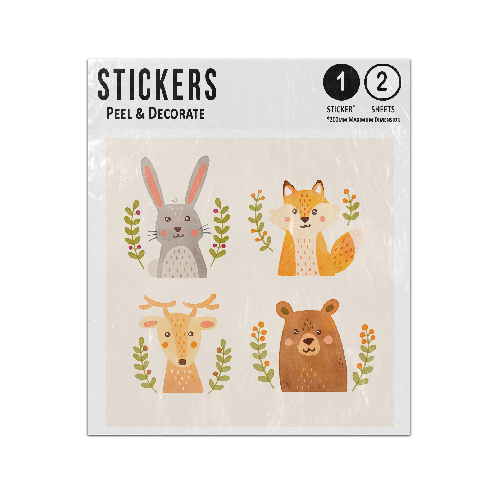 Picture of Autumn Forest Animals Watercolour Rabbit Fox Deer Bear Leaf Sticker Sheets Twin Pack