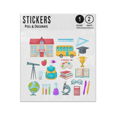 Picture of School Icon Set Building Bus Hat Telescope Microscope Books Pens Sticker Sheets Twin Pack