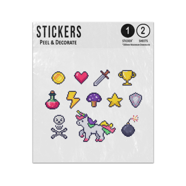 Picture of Pixel Game Items Retro 8 Bit Games Art Pixelated Heart Star Icons Set Sticker Sheets Twin Pack