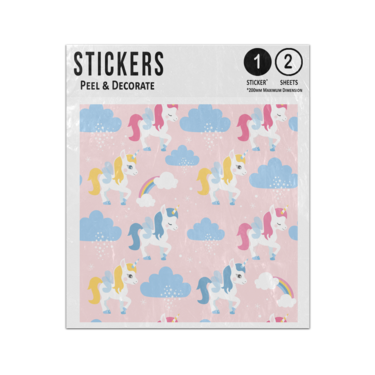 Picture of Colourful Unicorns With Blue Clouds Rainbows Pink Background Pattern Sticker Sheets Twin Pack