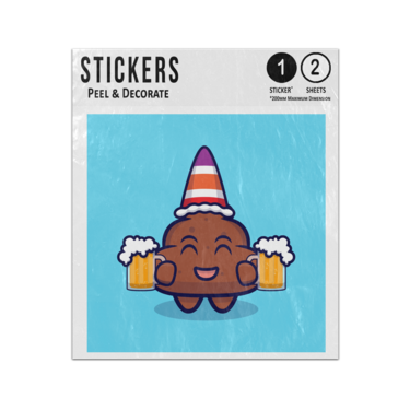 Picture of Drunk Poop Cartoon Character Traffic Cone On Head Carrying Beer Glasses Sticker Sheets Twin Pack
