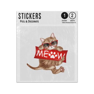 Picture of Cute Cat Illustration Sunglasses Holding Meow Paw Red Banner Sticker Sheets Twin Pack