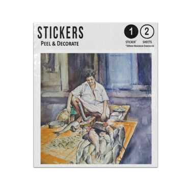 Picture of Fish Seller Selling At Local Market Hand Drawn Water Colour Drawing Sticker Sheets Twin Pack