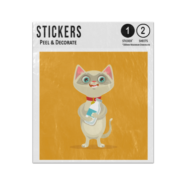Picture of Happy Cat Cartoon Character Standing Holding Milk Bottle Sticker Sheets Twin Pack