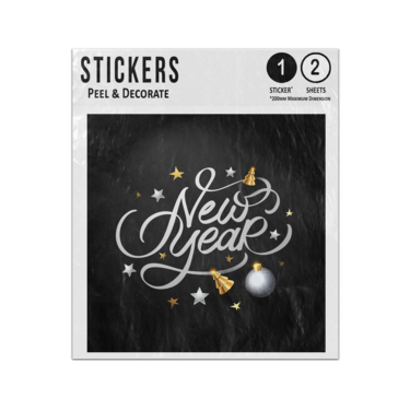 Picture of Happy New Year White Text Gold Ornaments Black Background Sticker Sheets Twin Pack
