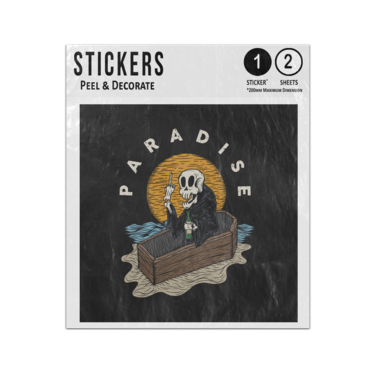Picture of Paradise Text Skeleton Sitting Wooden Casket Glow Candle  Sticker Sheets Twin Pack