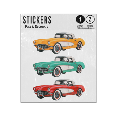 Picture of Red Greed Yellow Retro Cars Collection Hand Drawn Water Colour Sticker Sheets Twin Pack