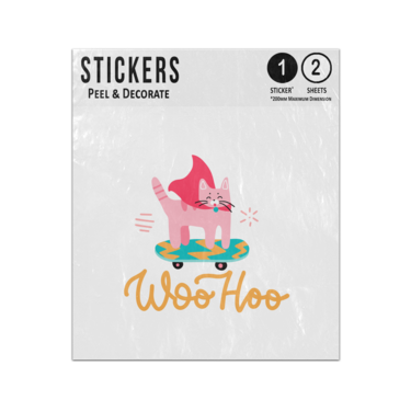 Picture of Woo Hoo Funny Pink Cat Wearing Hero Cape Riding Skateboard Cartoon Sticker Sheets Twin Pack