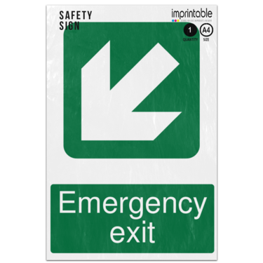Picture of Emergency Exit Diagonal Down Left Arrow Safe Condition Adhesive Vinyl Sign