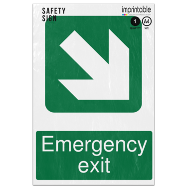 Picture of Emergency Exit Diagonal Down Right Arrow Safe Condition Adhesive Vinyl Sign