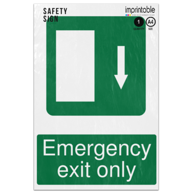 Picture of Emergency Exit Door Down Arrow Only Safe Condition Adhesive Vinyl Sign