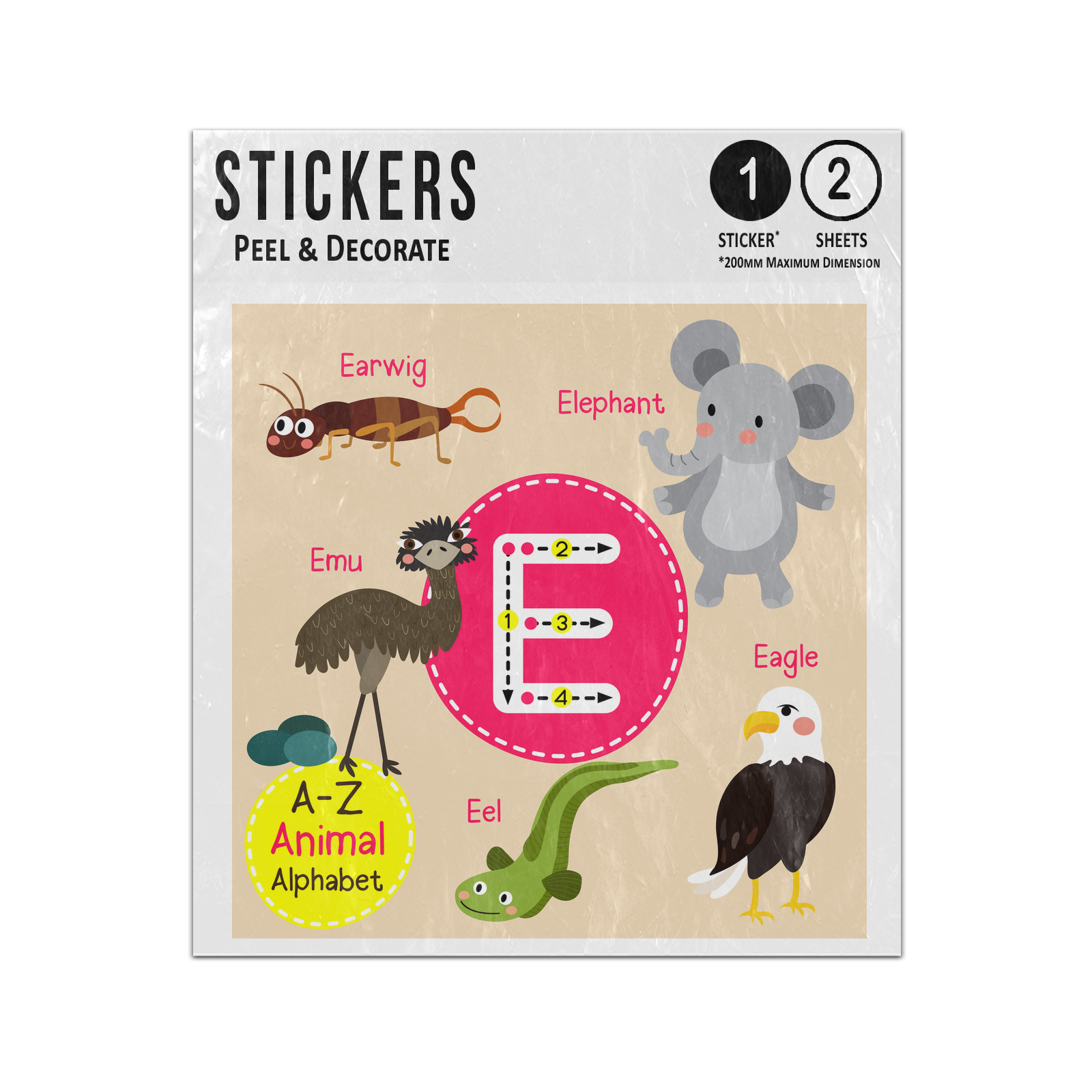 A Z Animal Alphabet Cartoon Characters Letter E Sticker Sheets Twin Pack  Learn Alphabet. Imprintable