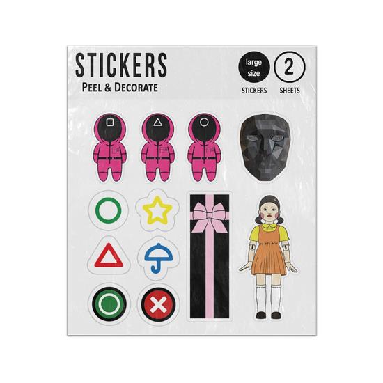 Picture of Squid game soldiers doll coffin dalgona shapes buttons Sticker Sheet Twin Pack