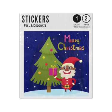 Picture of Merry Christmas Cartoon Santa Holding Present Next To Xmas Tree Sticker Sheets Twin Pack